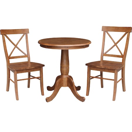 International Concepts Round 30 in Rd Top Pedestal Table, 2 X-Back Chairs, Distressed Oak, 30 in W, 30 in L, 29.1 in H, Wood K42-30RT-C613-2